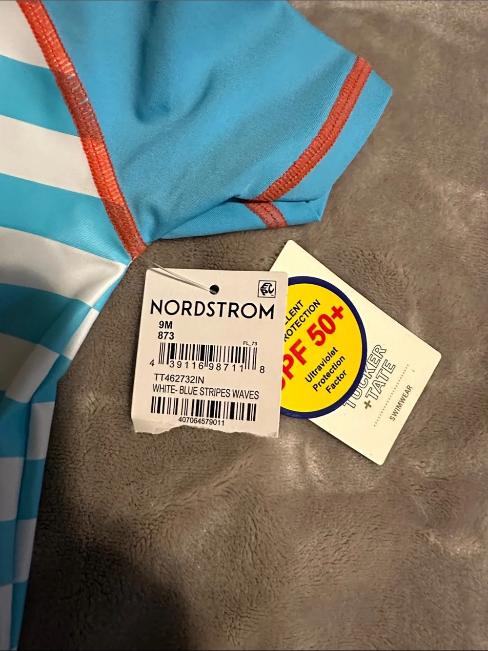 Nordstrom Blue & White Striped Short-Sleeve Swim Romper with Wave Graphic